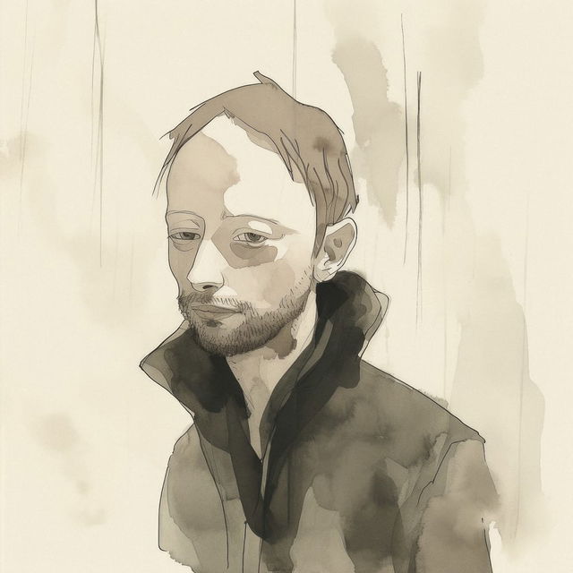 Thom Yorke portrait in loose sepia ink and watercolor washes with soft, muted lighting