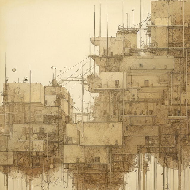 Bioarchitecture of stacked modular structures in detailed sepia architectural linework