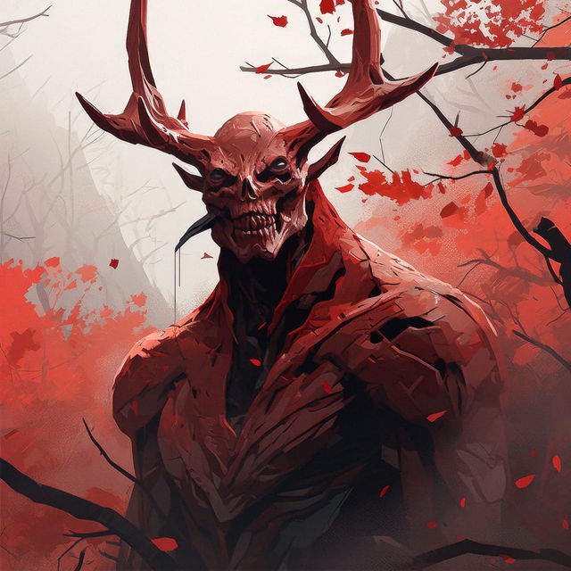 Chernobog, a red antlered demon in a stylized dark fantasy illustration with crimson foliage