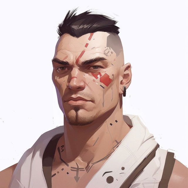 Cyberpunk character portrait with shaved hair and facial markings, digital art in muted warm tones