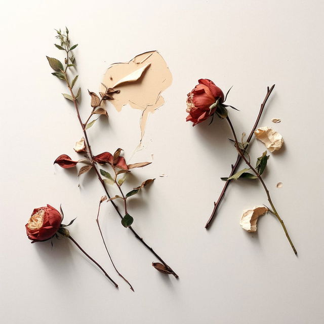 Decaying red peonies and branches arranged on a pale surface, softly lit in a muted palette