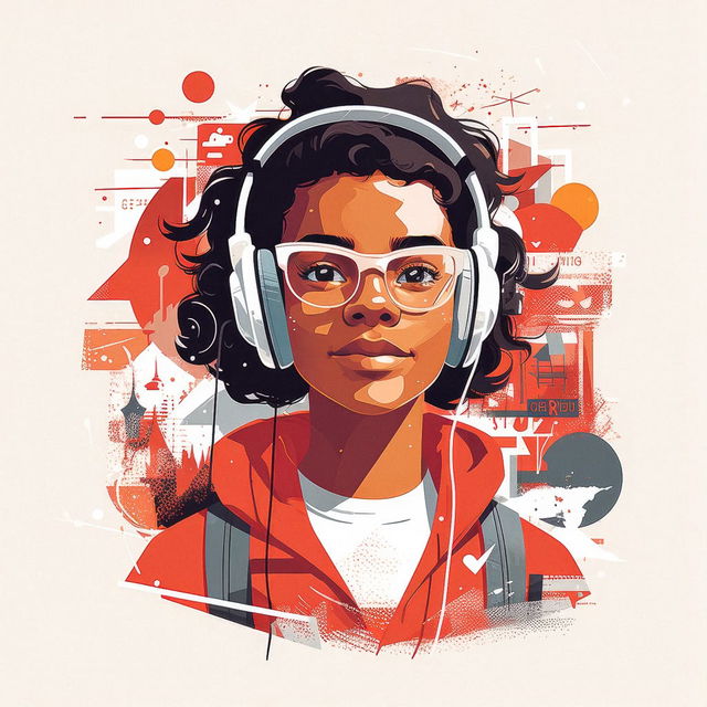 Tech-savvy teenage girl with headphones and glasses, graphic illustration in red, orange, and cream