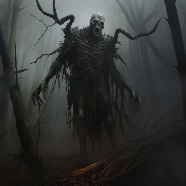 Chernobog, a skeletal forest demon in dark, misty horror art with muted gray-green tones