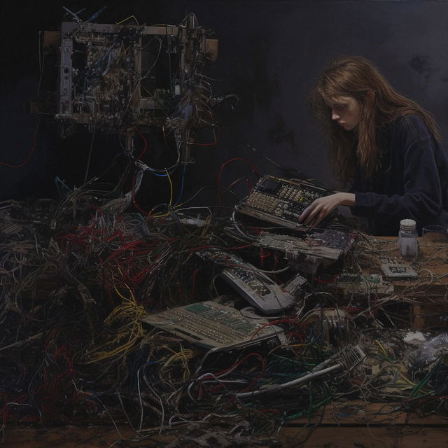 Teenage girl working with tangled electronics, dark realistic portrait in muted colors and low light