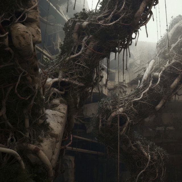 Bioarchitecture of buildings engulfed by tangled roots, in muted earthy tones and hazy light