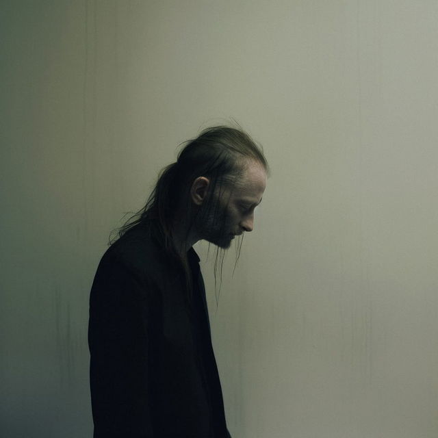 Thom Yorke in profile, a muted low-light portrait with deep shadows and a gray-green palette