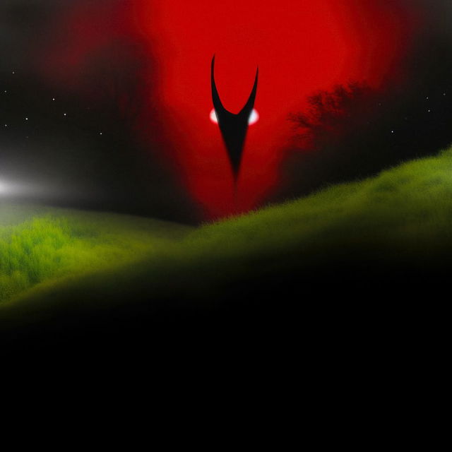 Chernobog silhouette amid green hills, with a red-black palette and dramatic glowing light