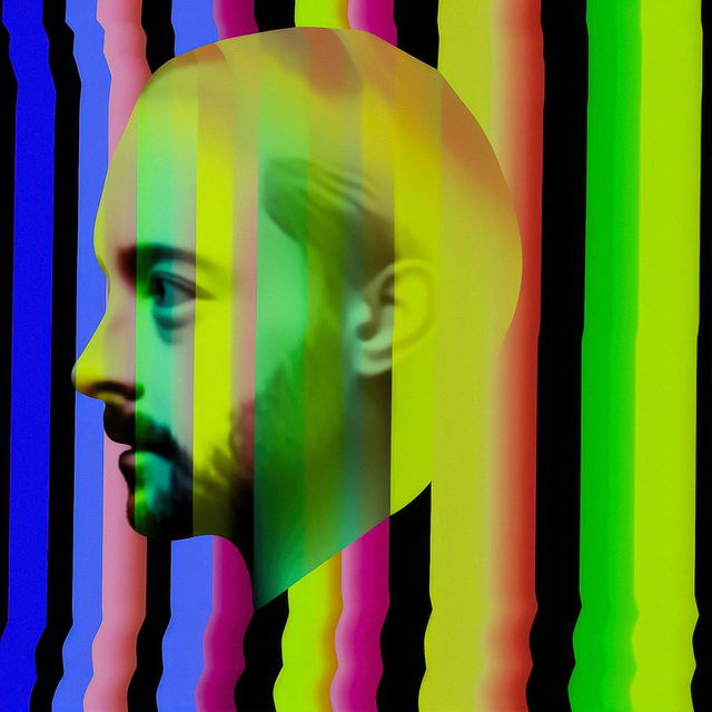 Thom Yorke’s profile portrait with translucent neon vertical stripes and saturated colors