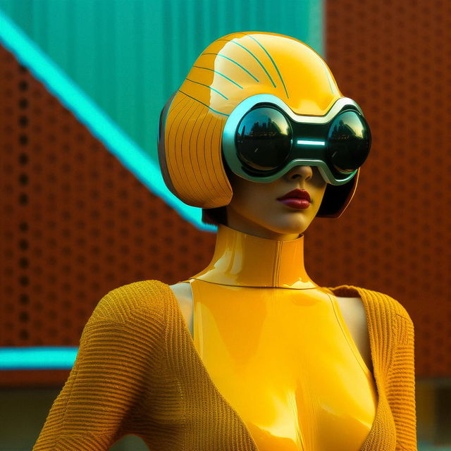 Cyberpunk woman with oversized goggles, rendered in glossy yellow and teal with neon lighting
