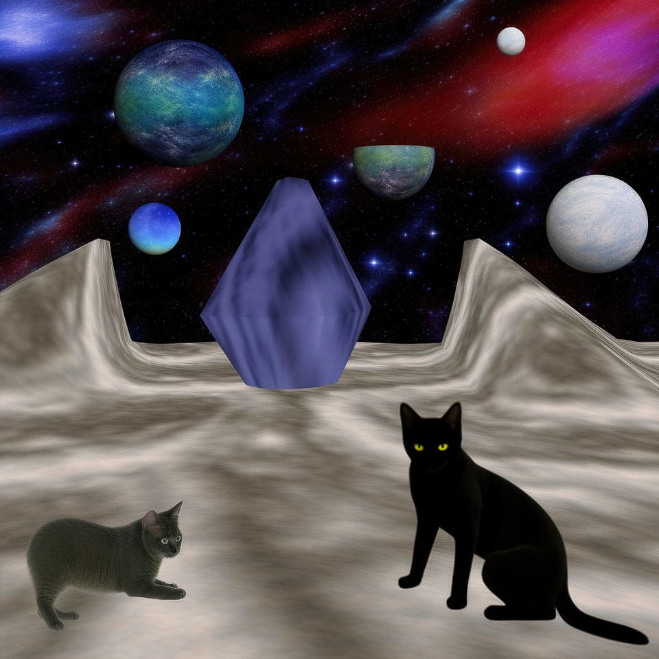 Two cats in a lunar cosmoport with planets and a faceted purple structure, surreal digital art