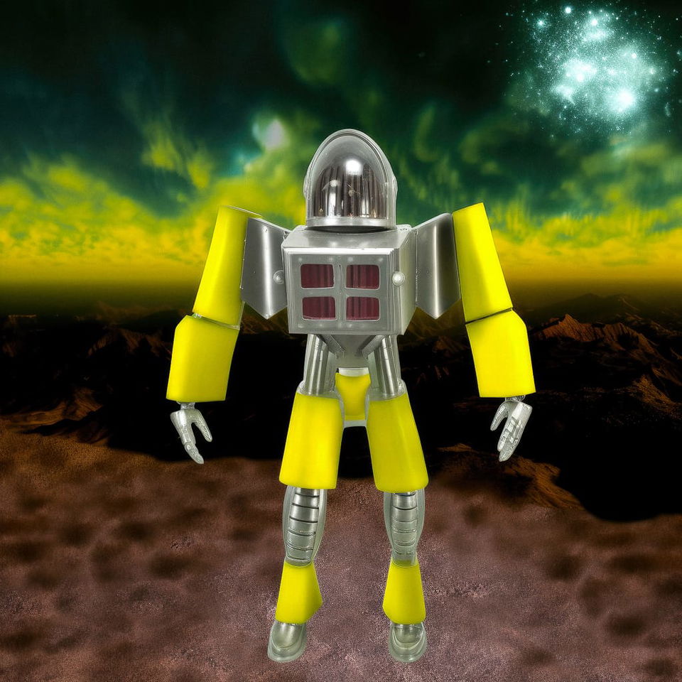 Retro-futuristic mecha angel suit on alien terrain