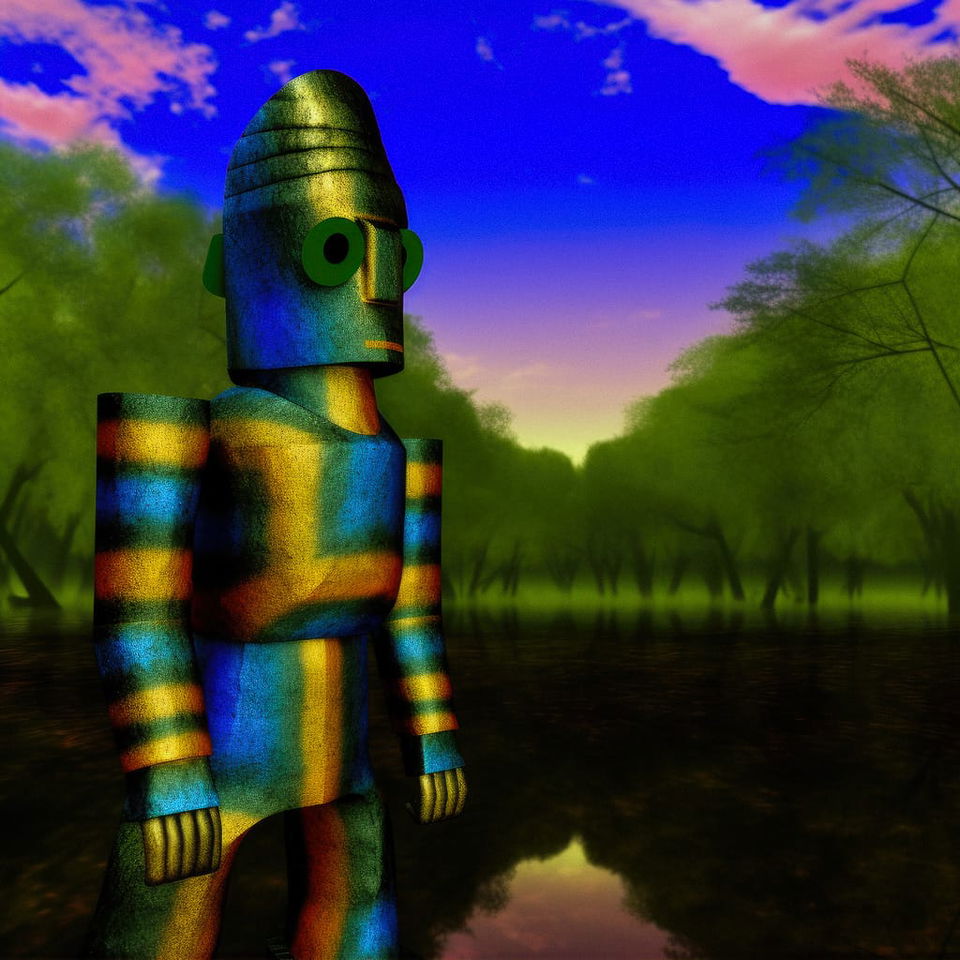 Ancient Aztec god as a blocky figure in vivid colors beside a forest lake at sunset