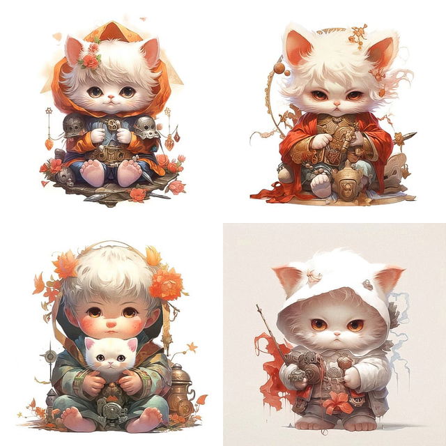 Four adorable chibi cat warriors in ornate costumes, softly lit in a warm pastel palette