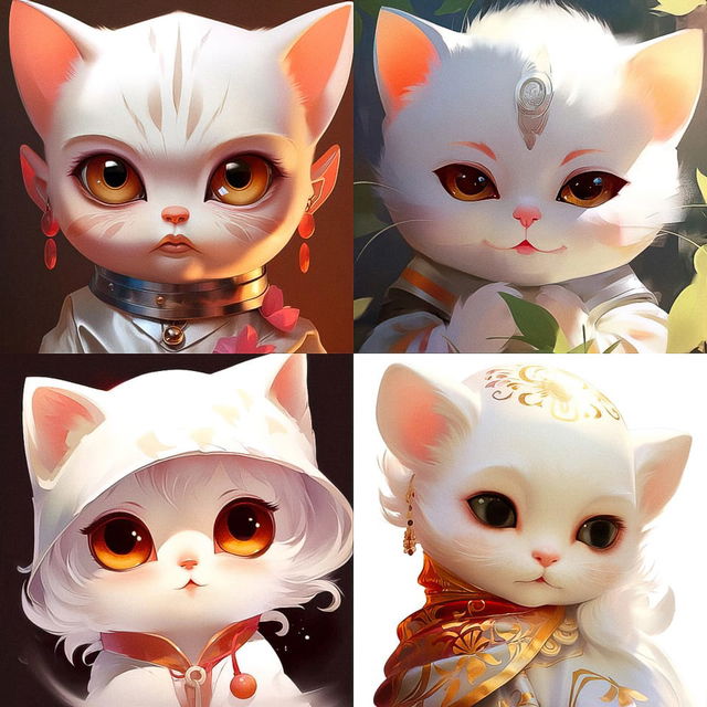 Four stylized white cat portraits in colorful digital illustration with soft, luminous lighting
