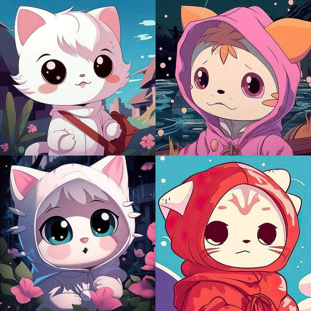 Four cute hooded cats in a colorful anime-style illustration with soft light