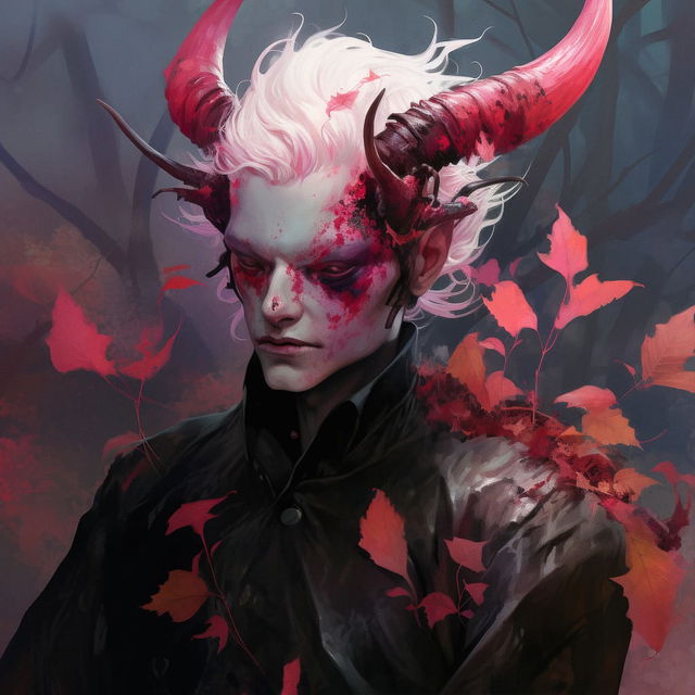 Chernobog, a pale horned figure with white hair, in dark painterly tones and crimson foliage