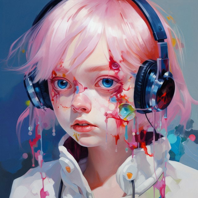Teenage girl with pink hair and headphones, glossy digital portrait in pastel colors and vivid light