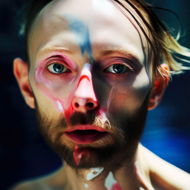 Close-up portrait of Thom Yorke with vivid red and blue face paint, dramatic studio lighting