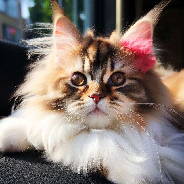 Fluffy Maine Coon cat in a vivid, softly lit close-up with warm cream and brown fur
