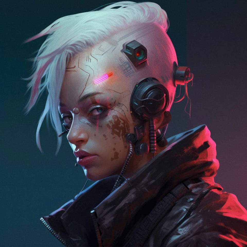 Cyberpunk woman with white hair and implants, digital portrait in neon pink and blue light