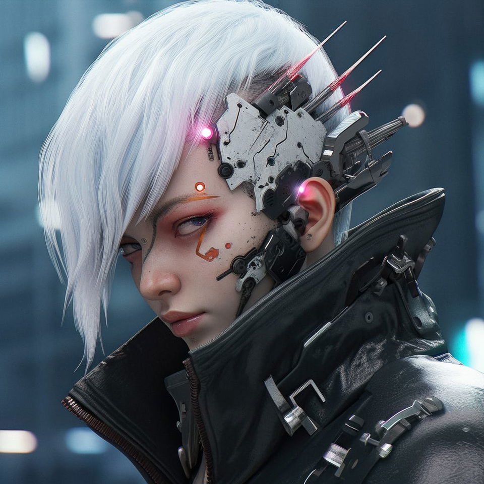 Cyberpunk character with white hair and implants, in cool blue light with pink accents