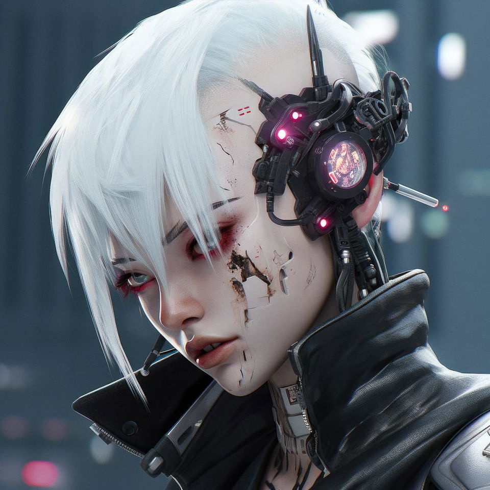 Cyberpunk character with white hair and mechanical eyepiece, photorealistic