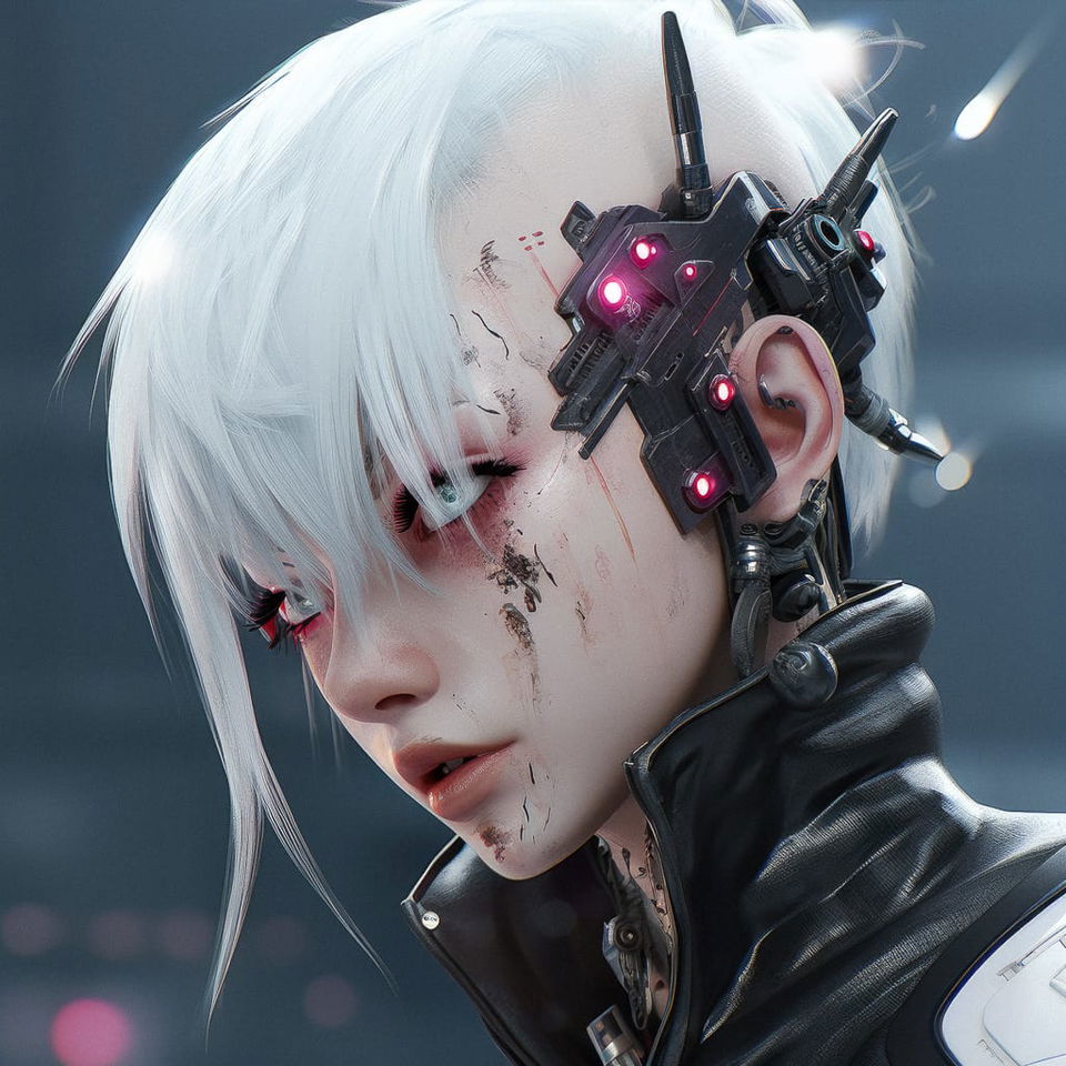 Cyberpunk character with white hair and a glowing cybernetic implant, rendered in cool tones