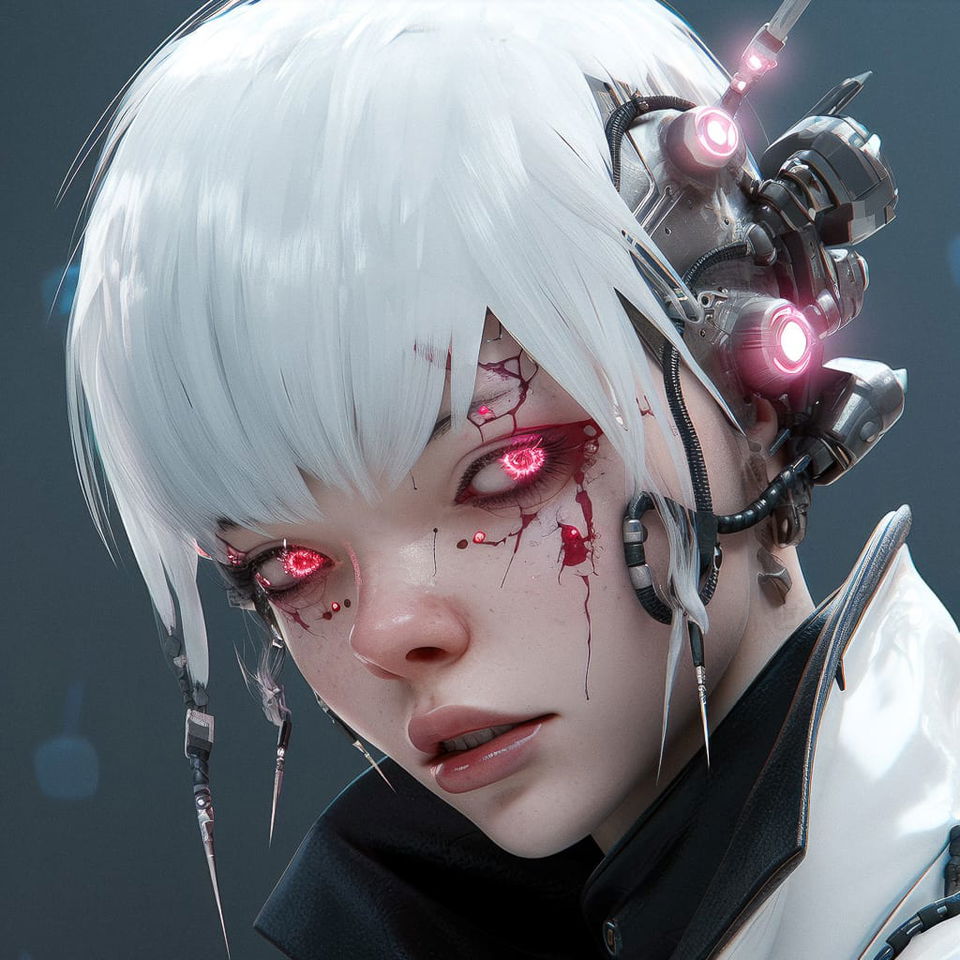 Cyberpunk character with white hair and glowing pink eyes, rendered in cool-toned digital art