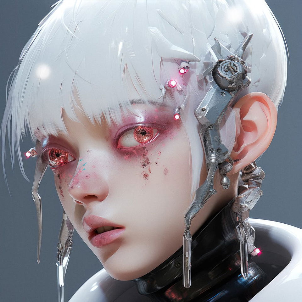 Close-up cyberpunk character with white hair and cybernetic implants, pale pink-lit digital portrait
