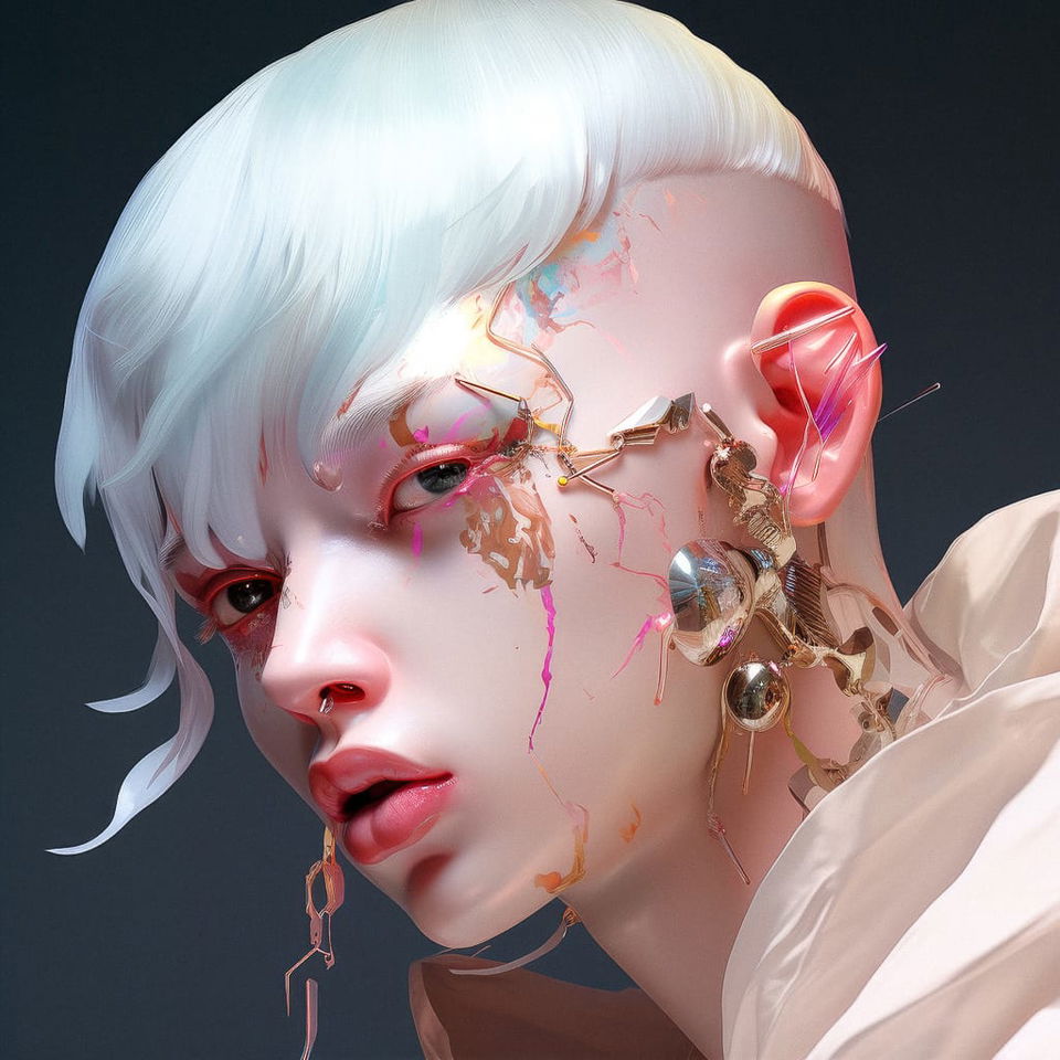 Cyberpunk character with white hair and mechanical implants, glossy neon-lit digital portrait