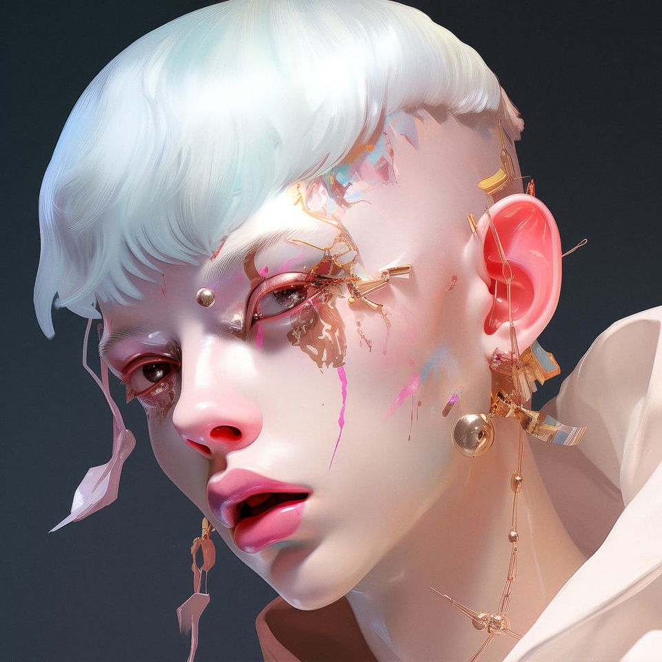 Cyberpunk character with white hair and facial implants, glossy pastel portrait, soft bright light