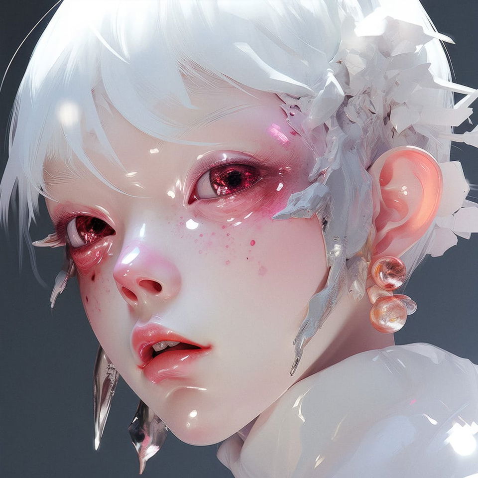 Cyberpunk character with white hair and pointed ears, glossy pink-lit digital close-up portrait