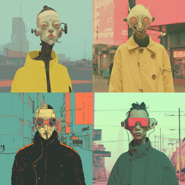 Four cyberpunk characters in urban settings, graphic art in muted teal, yellow, and coral