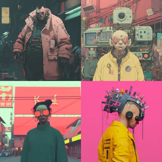 Four cyberpunk characters in comic-like digital art with neon pink, teal, and yellow lighting