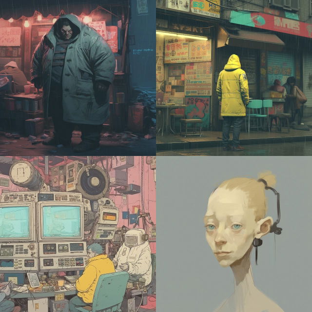 Cyberpunk characters in four varied scenes, with illustrated neon palettes and moody lighting