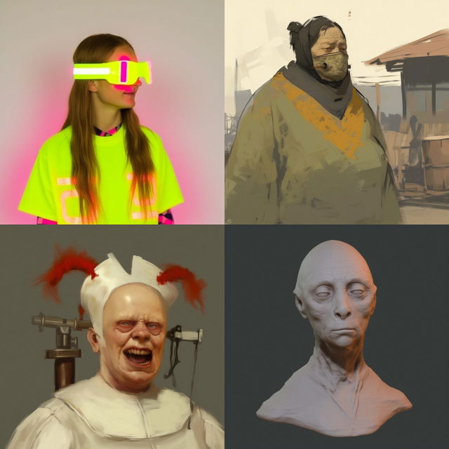 Four cyberpunk characters in varied neon, painterly, horror, and muted portrait styles