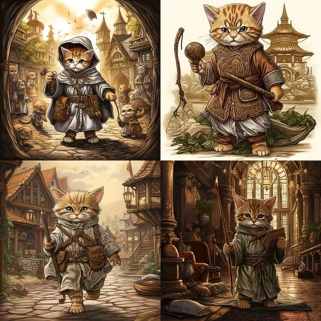 Four anthropomorphic cats in fantasy costumes, detailed storybook illustration in warm sepia tones