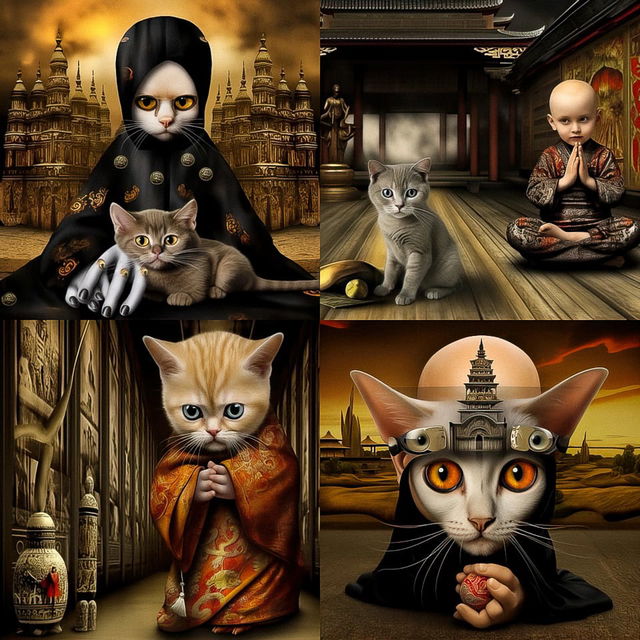 Four surreal cat portraits in ornate Asian settings, with warm golden light and earthy tones