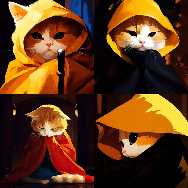 Four cats in hooded cloaks, rendered in bold anime-style digital art with warm orange light