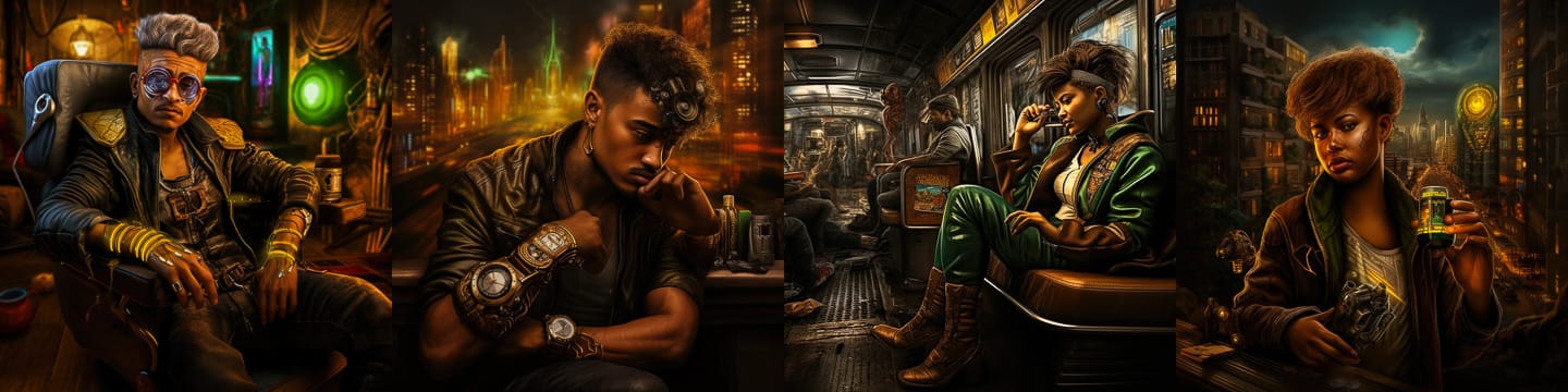 Cyberpunk characters in a gritty digital painting with warm amber and green neon light