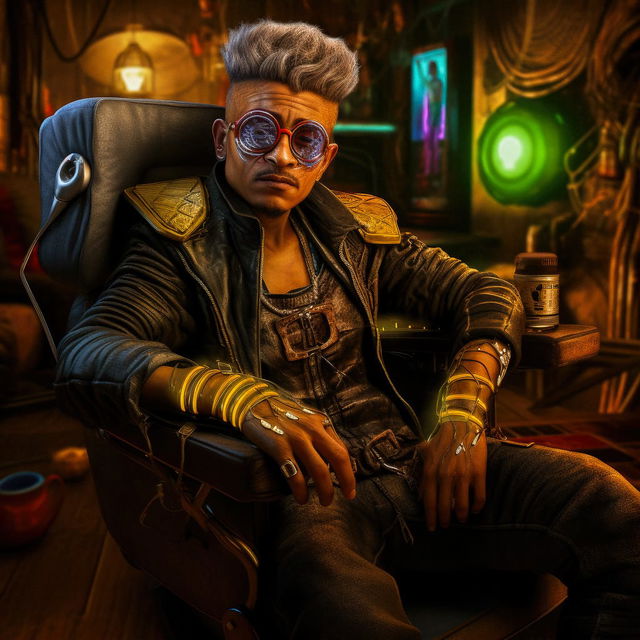 Cyberpunk character in a leather jacket with goggles, rendered in warm neon-lit digital art