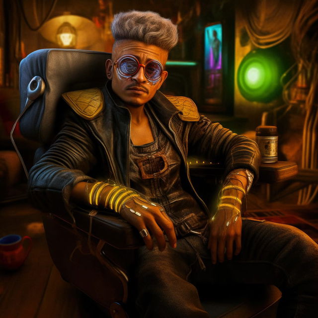 Cyberpunk character seated in a chair, rendered with warm neon lighting and cinematic detail