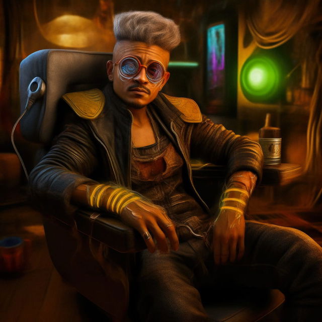Cyberpunk character seated in a chair, rendered in warm cinematic digital art with neon lighting