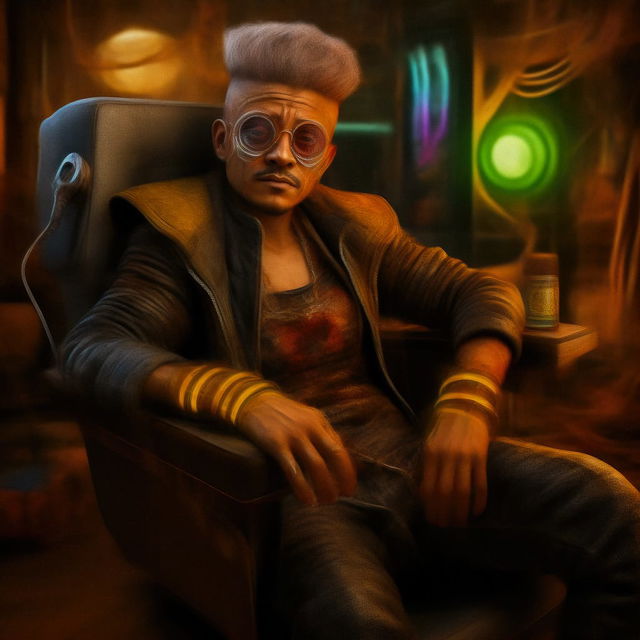 Cyberpunk character seated in a chair, rendered with warm orange tones and neon green-blue lighting