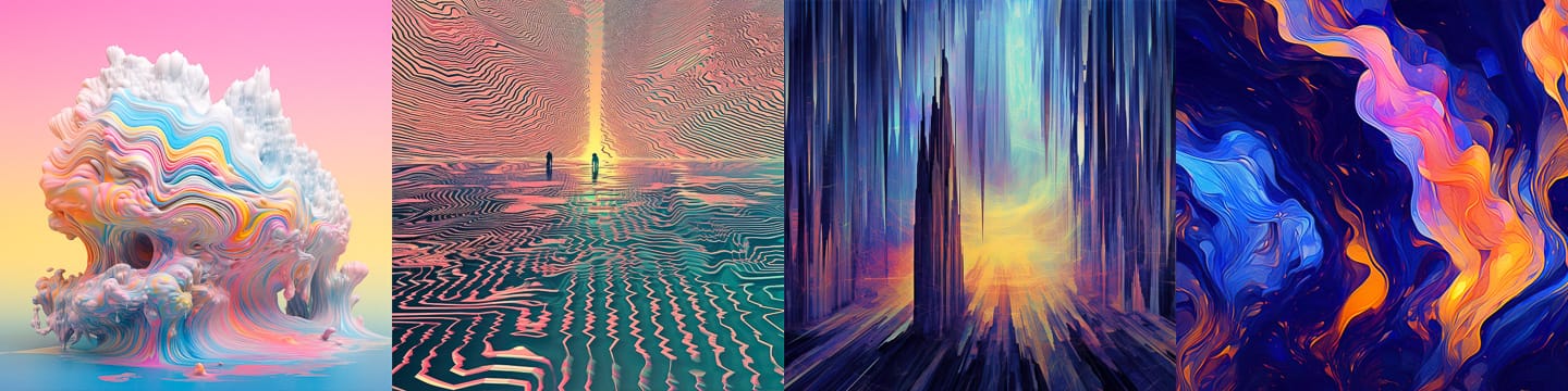 Four fluid digital glitch abstractions with ethereal lighting in vivid pastel and neon palettes, Midjourney V5.2