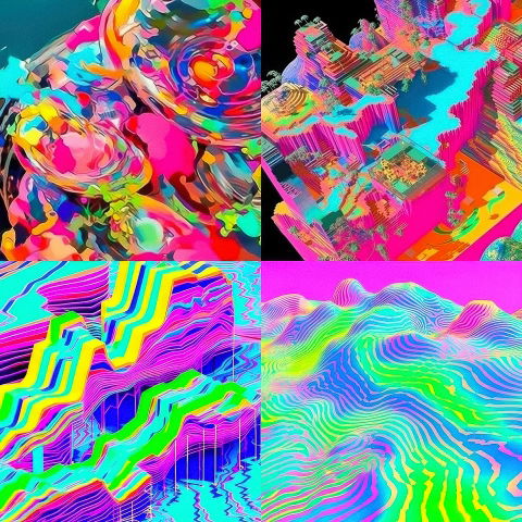 Four abstract landscapes with distorted forms, neon colors, and intricate psychedelic patterns