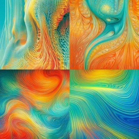 Four-panel abstract composition with flowing lines in vivid turquoise, orange, yellow, and red