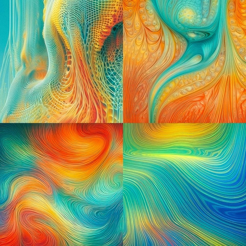 Four-panel abstract composition with flowing lines in vivid turquoise, orange, yellow, and red, figure 171