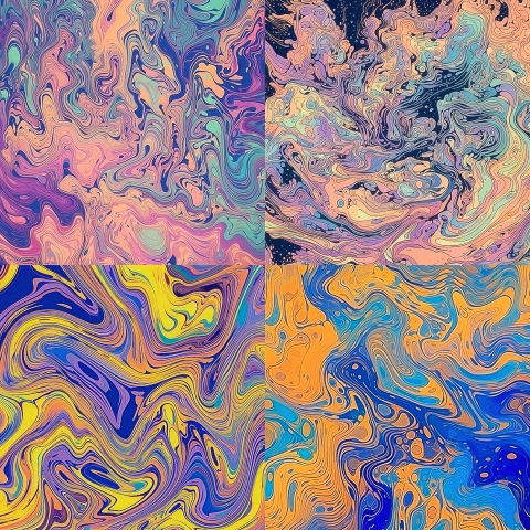 Abstract swirling marbled patterns in vivid pastel and neon colors with intricate flowing lines