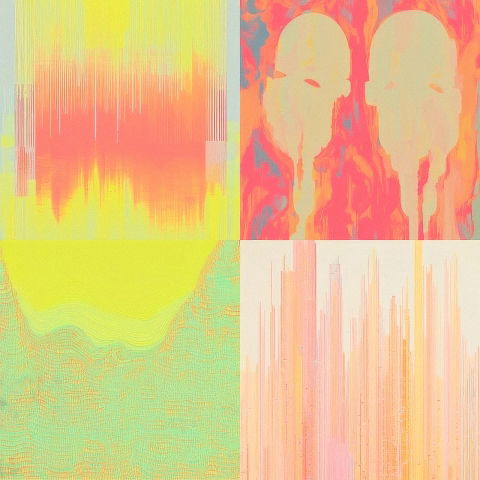 Abstract four-panel composition with faces and waveforms in neon pastels and fine vertical textures